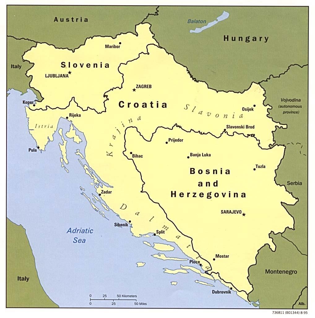 mapa Bosne a Hercegovine a v okolitých krajinách