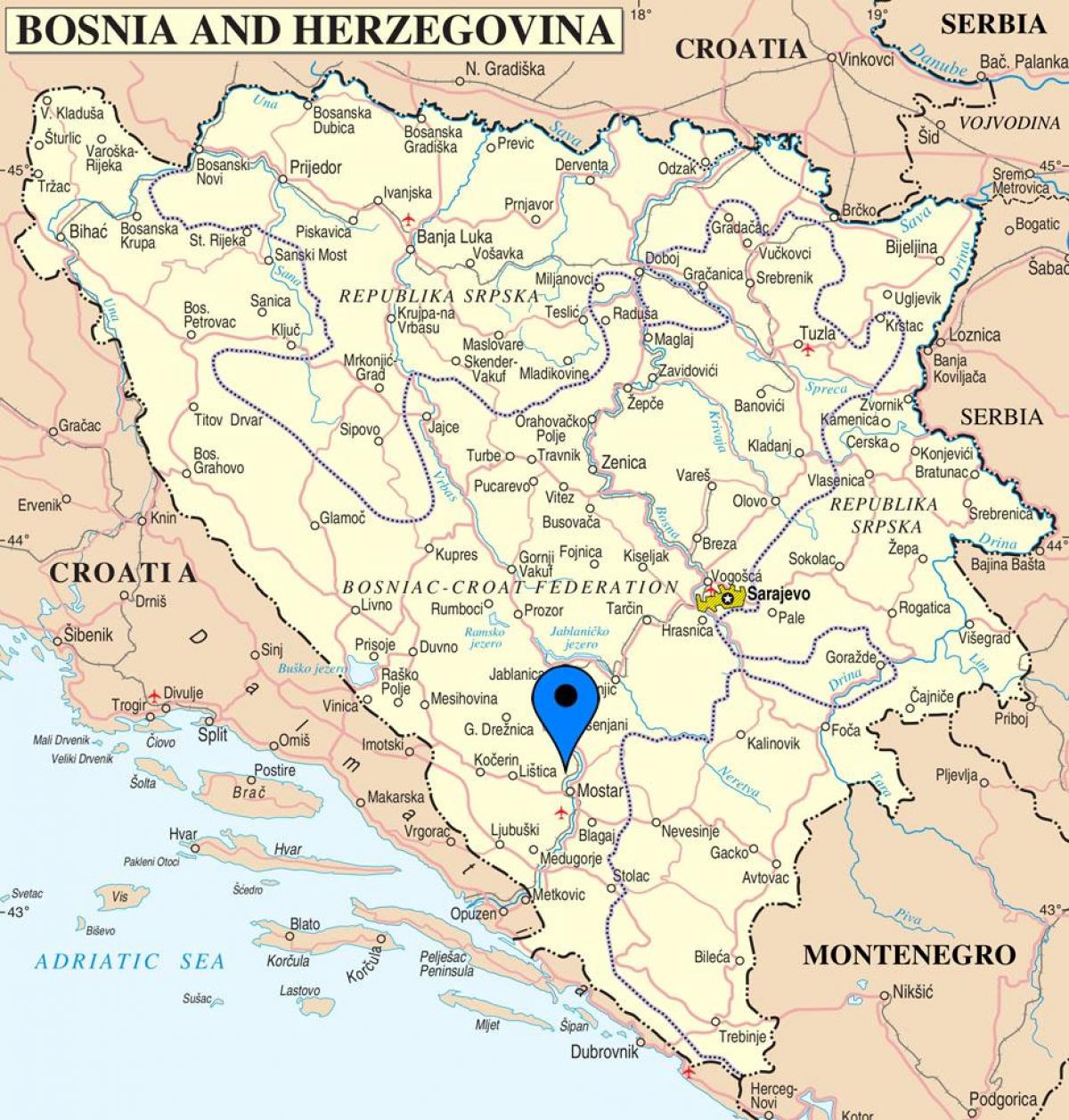 mapa mostar v Bosne Hercegovine